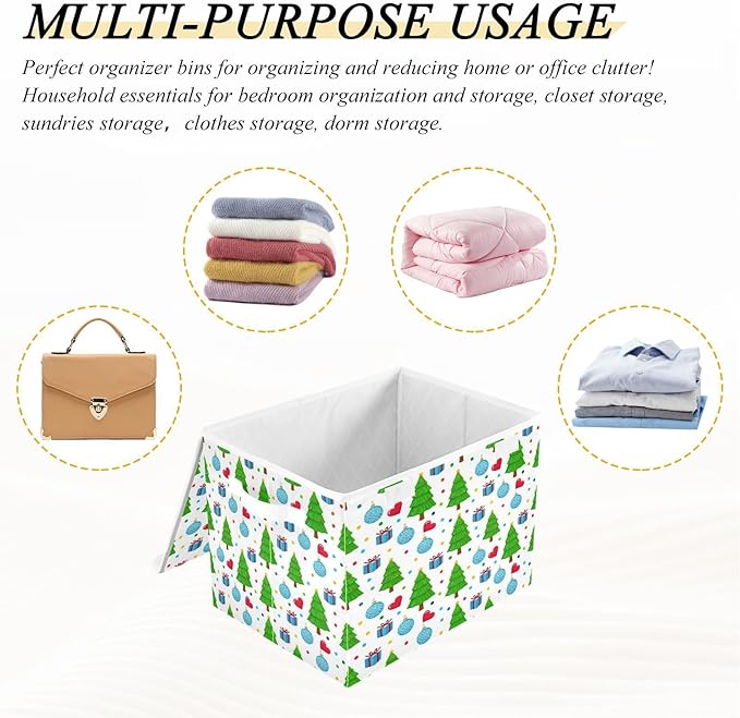 File Organizer Box Decorated Green Trees Storage Bin with Lid Foldable Baskets for Office Document Storage 11.8x12.6 x16.5