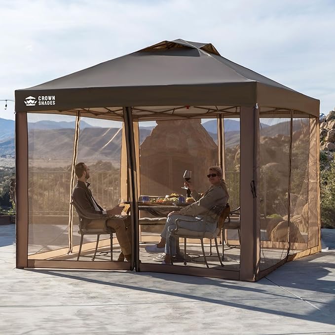 CROWN SHADES Gazebo 10x10 Pop Up Canopy with Mosquito Netting Screen Tent with 4 Ropes 8 Stakes 4 Sandbags and Wheeled Storage Bag Canopy for Patio &amp Backyard PartiesCamping&ampEvents -(Coff