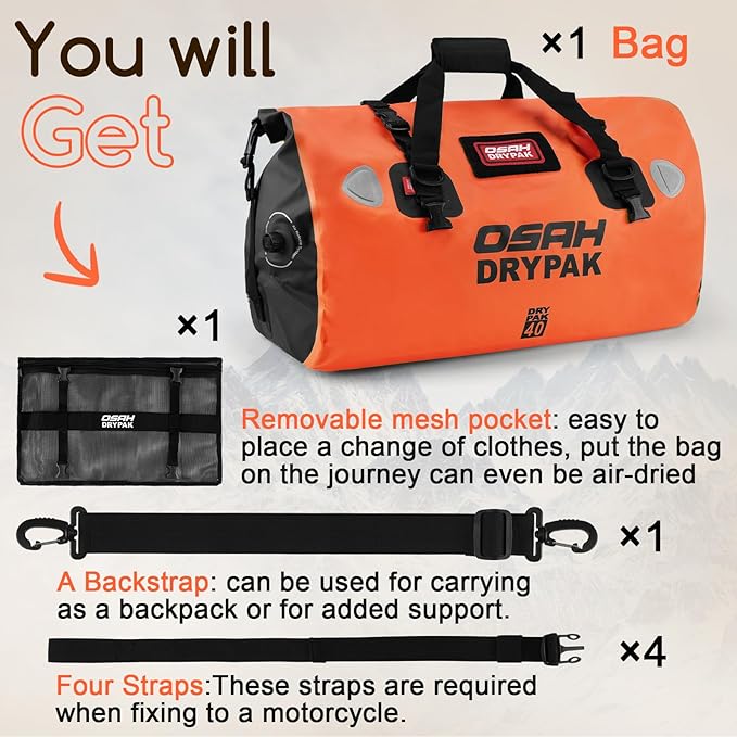 OSAH DRYPAK Waterproof Duffel Bag - Motorcycle Dry Bag Tail Bag with Large Storage Space Waterproof Luggage Duffle Bags with Outer Mesh Zipper Pocket for Camping Kayaking Fishing &amp Traveling