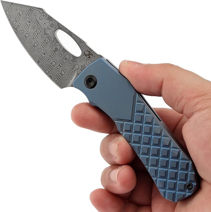 KANSEPT Loki Pocket Knife 2.99'' Damascus Blade Blue Anodized Titanium with Frag Pattern Handle Everyday Carry K1058B7