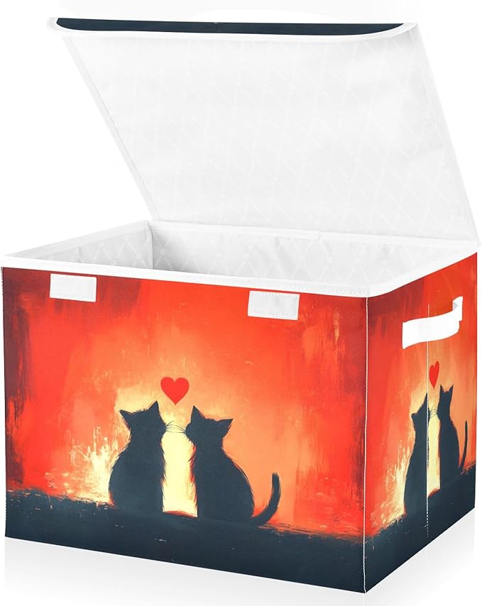 AIXIWAWA Lidded Storage Cube (Cat Love Silhouettes) Fabric Foldable Closet Bins with Flip Lid and Handles Organizer Basket Container 16.5 x 12.6 x 11.8 IN