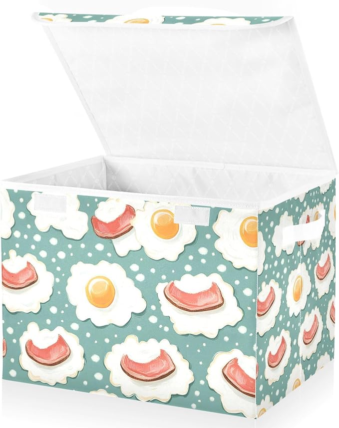 Storage Cube with Lid Bacon Egg Cartoon Print 16.5×12.6×11.8 IN 1 Pack Collapsible Large Capacity Foldable Storage Basket Bin Organizer