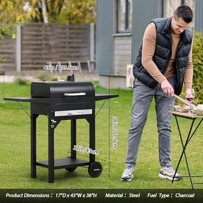 MASTER COOK Charcoal Grills with Two Side Tables 332 SQIN Cooking Area Outdoor Smoker Barbecue bbq grill for Camping PatioBackyard Party Picnic Black
