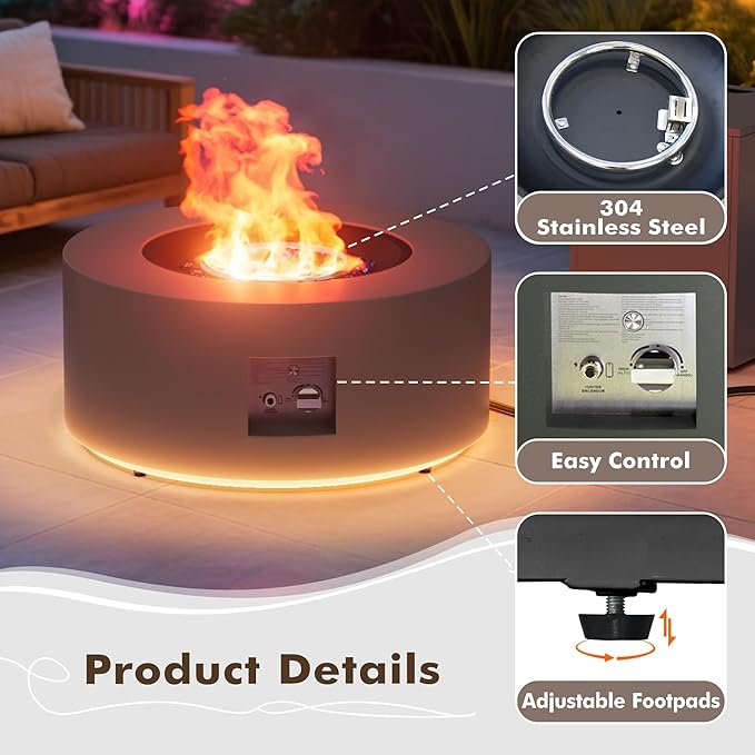 30 Round Propane Fire Pit Table - 50K BTU with Lid Rocks Tank Storage and Cover - Round Gas Fire Pits for Outside Patio - Outdoor Table with Firepit (Grey/Golden Light 30 Round)