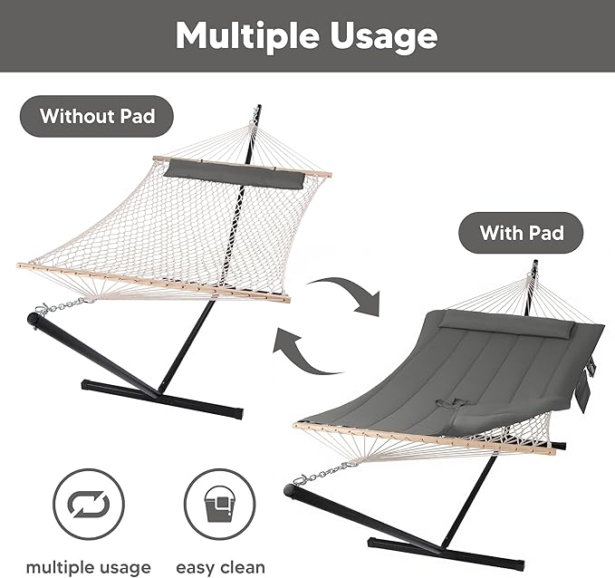SUNCREAT Double Outdoor Hammock with Stand Two Person Cotton Rope Hammock with Polyester Pad Dark Gray