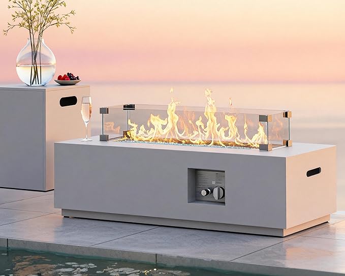 RADIATA 42” Rectangle Propane/Natural Gas Fire Pit for Outside Patio Elegant Minimalist Lowprofile Firepit Table with Tank Table Long Large 50000BTU Durable Sturdy Fireplace for Outside Urban White