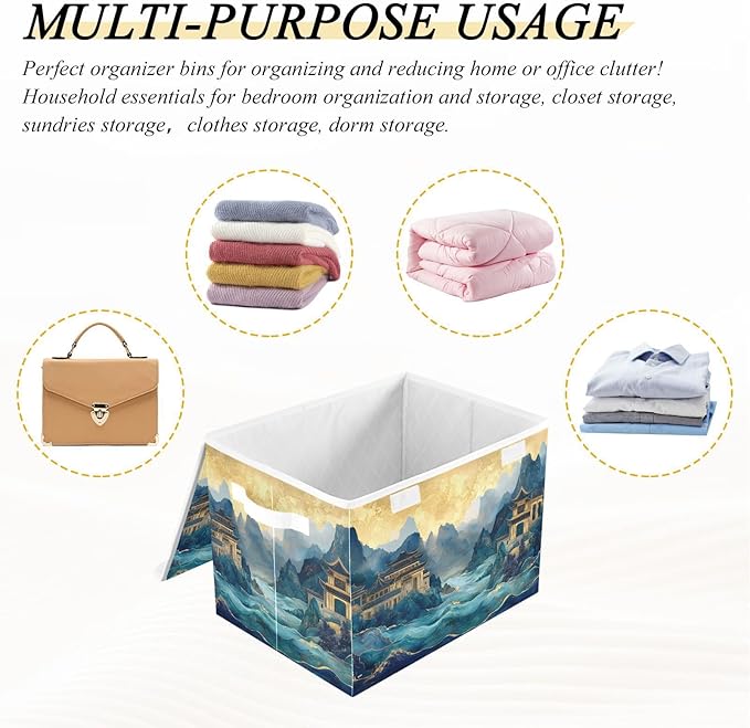 AIXIWAWA Lidded Storage Cube (Chinese Landscape) Fabric Foldable Closet Bins with Flip Lid and Handles Organizer Basket Container 16.5 x 12.6 x 11.8 IN