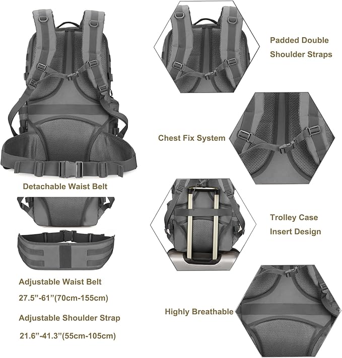 50L Military Tactical Backpack Molle Rucksack Large Army 3 Day Assault Pack Heavy Duty Backpack for Men (Grey)