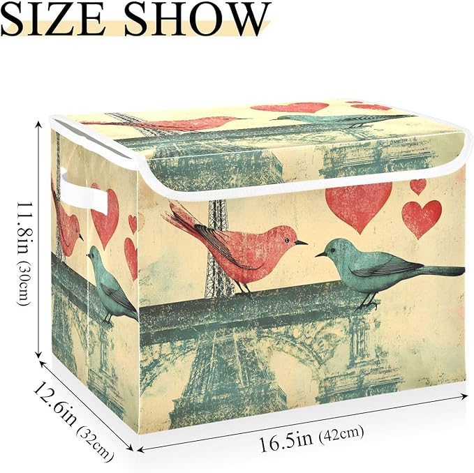 AIXIWAWA Lidded Storage Cube (Eiffel Birds Love) Fabric Foldable Closet Bins with Flip Lid and Handles Organizer Basket Container 16.5 x 12.6 x 11.8 IN