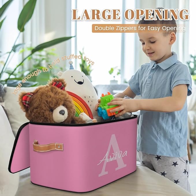 Customized Storage Basket with Initial Name Personalized Keepsake Box with Zipper Lid Foldable Fabric Memory Bin Large capacity with Handle Pink