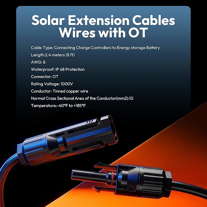 JJN Solar Extension Cable 8AWG(10mm²) 20Feet with MC4 Connector and 8Feet with OT ConnectorConnector Solar Panel Adaptor Kit Tool for Solar System Two Pair (Red + Black)