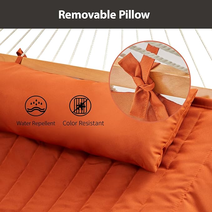 CHULIM Outdoor Double Hammock with Hardwood Spreader Bars Large Rope Hammock with Polyester Pad and Pillow 475 LBS Capacity for 2 Person Patio Backyard Poolside - Terracotta