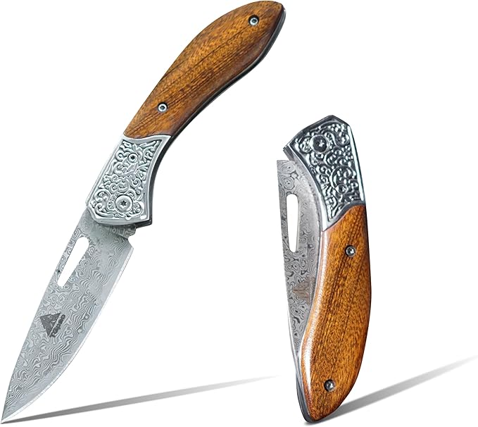 Damascus Steel Folding Knife 7.1 Multi-Purpose Pocket Knife Red sandalwood handle with a sharp blade suitable for cutting meat carving wood and outdoor activities(style C)