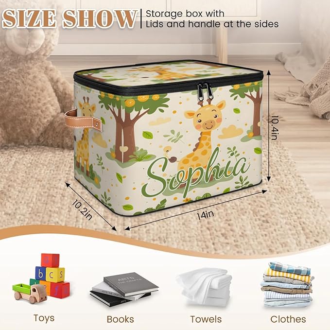 Custom Storage Basket with Name Personalized Storage Bins with Zipper Lid Foldable Fabric Storage Box Large capacity with Handle Giraffe Tree