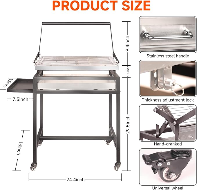 Floor-Standing Rotisserie Grill - 360 Rotating Stainless Steel Flipping Barbecue with Foldable for Outdoor Camping Backyard Includes Wheels Removable Ash Drawer (KA-6168L)