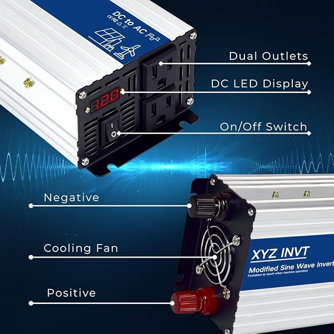 1000W Power Inverter 12V DC to 110V 120V AC Modified Sine Wave Car Power Inverter with 2 AC Outlets and LED Display for Vehicles Truck RV Home Emergency Camping Off-Grid Over 90% Efficiency