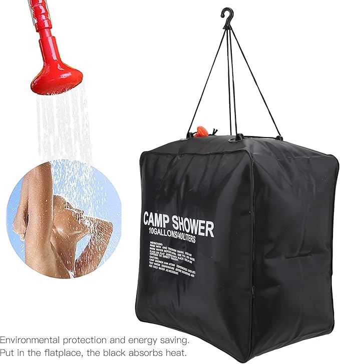 40L Solar Shower Bag Portable Water Bag with Energy Heated Function Solar Heated Outdoor Camping Shower Bag with Advanced Shower Head Black PVC Material for Hiking Beach and Tr