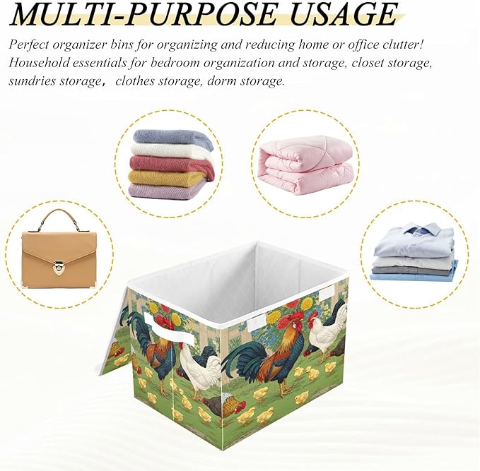 senya Baskets Collapsible Storage Bins with Lids Rooster Chick Flower Farm Storage Boxes Clothes Baskets for Organizing