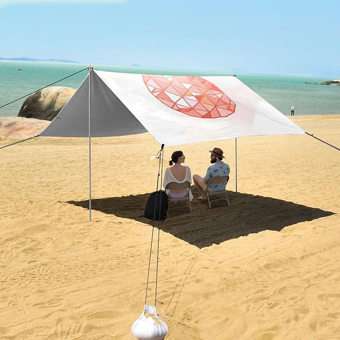 ALAZA Rose Gold Pineapple Marble Beach Tent Sun Shelter UPF50+ Protection Beach Shade Canopy w/ 4 Sandbags for Outdoor Camping Fishing Backyard Fun Picnic 10x9 ft