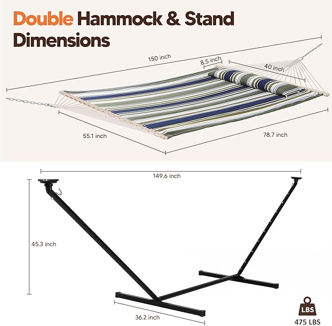 SUNCREAT Double Hammock with 12 ft Stand Solar Powered Lights Outdoor Standing 2 Person Hammock Dark Green