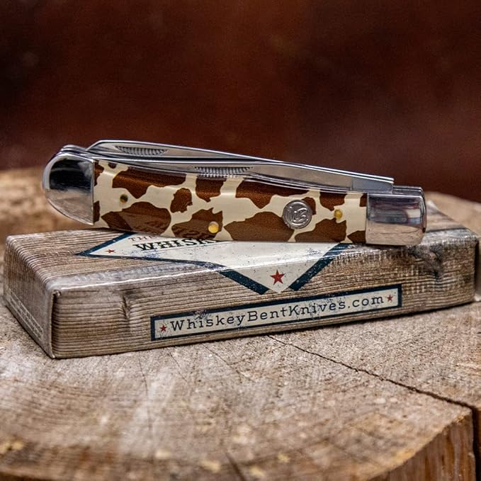 WHISKEY BENT HAT CO. Traditional Trapper Folding Pocket Knife 4.125 Closed Length 440C Stainless Steel Blades (Brown Hide)