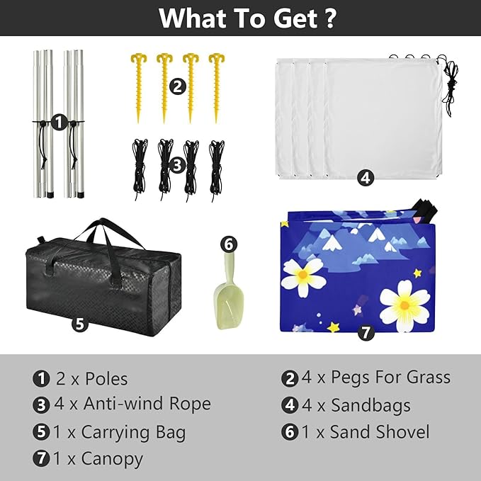 Beach Canopy with Windproof Ropes &amp Sandbags Beach Tent Sun Shade Sun Shelter for Camping Trips Fishing Backyard Fun or Picnics Flowers
