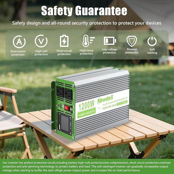 Newdeli 1200W Pure Sine Wave Inverter 12V to 110V 120V AC Converter Car Power Inverter for Vehicles RV Truck Solar Outdoor with 2 AC Socket 5V 3.4A USB LCD Display and Remote Controller