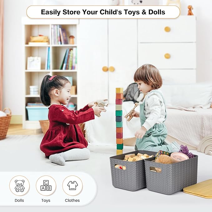 Ohmlove 4 Packs Storage Bins with Bamboo Lids - Plastic Storage Containers with Lids Stackable Storage Box：Storage Baskets for Organizing Desktop Closet Playroom Classroom OfficeGray