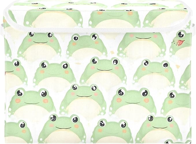 Frogs Storage Cube Bins Basket with Lid Collapsible Flip-top Fabric with Handle for Home Bedroom Closet Office 16.5×12.6×11.8 in