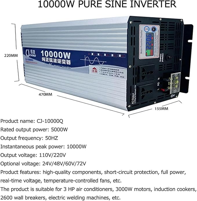 6000W 8000W 10000W 12000W Pure Sine Wave Inverter 12V/24V/48V/60V/72V DC to 110V/220V AC Power Inverter Voltage Converter Transformer for HomeRVTruckOff-Grid Solar~/