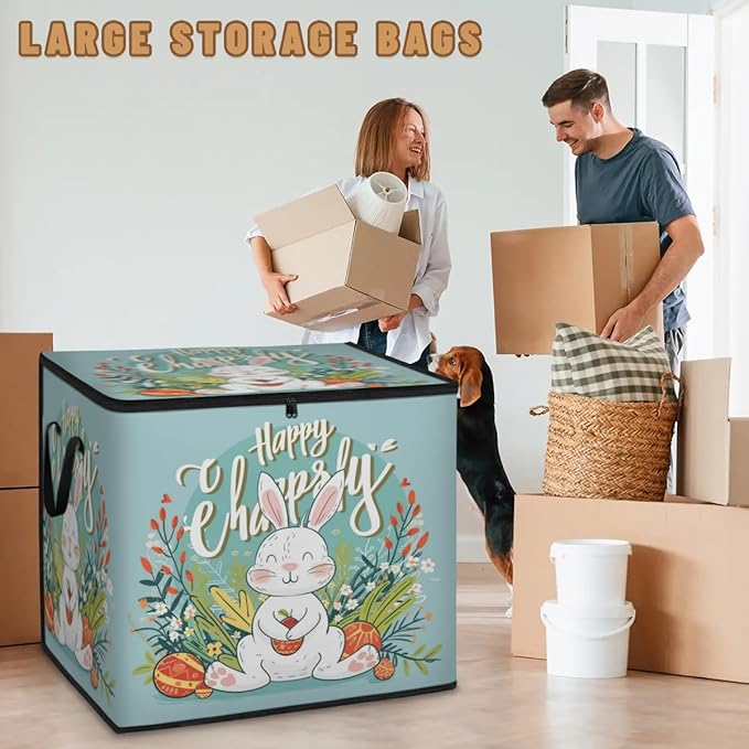 XL Large Clothes Storage with Lid Handle Spring Large Thick Clothes Blanket Storage Containers for Organizing Bedroom Closet Comforter Organization Storage Easter Rabbits