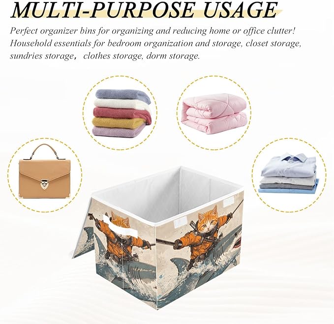 AIXIWAWA Lidded Storage Cube (Cat Samurai) Fabric Foldable Closet Bins with Flip Lid and Handles Organizer Basket Container 16.5 x 12.6 x 11.8 IN