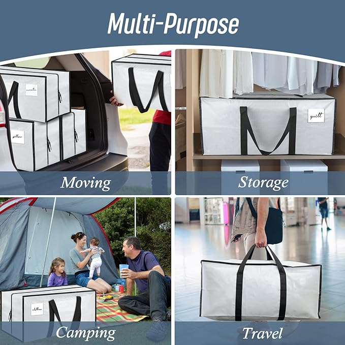 6 Pack Extra Heavy Duty Large Moving Bags with Strong Zipper &amp Comfortable Handles Sturdy &amp Durable Clothes Storage Bags Totes Bins Packing Moving Boxes for College Supplies White