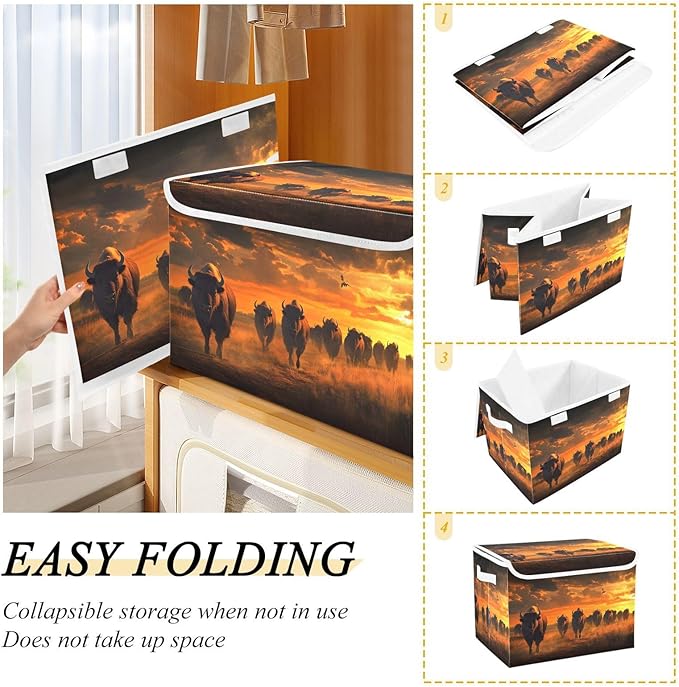 AIXIWAWA Lidded Storage Cube (Herd Of Bison) Fabric Foldable Closet Bins with Flip Lid and Handles Organizer Basket Container 16.5 x 12.6 x 11.8 IN