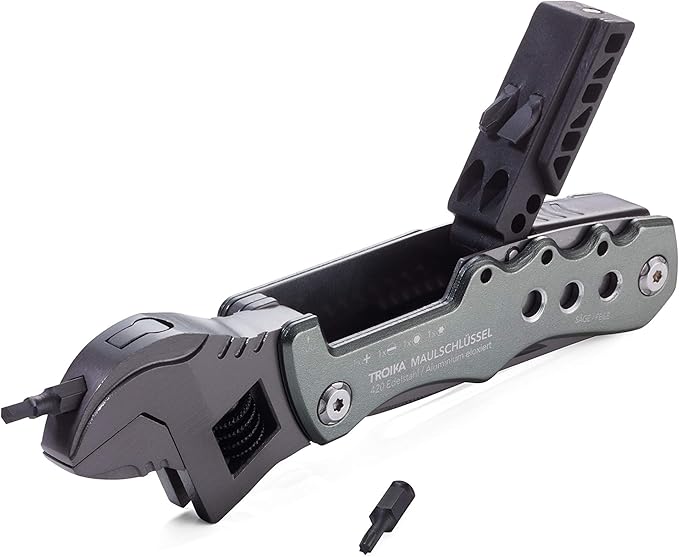 TROIKA Multi-Tool with 12 Functions and Locking Function – MAULSCHLÜSSEL – Adjustable Wrench Knife Saw File – Bottle + can Opener – 4 bits... Slotted Phillips Screwdriver – 420 Stainless Steel