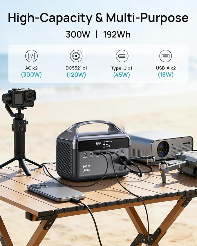 DaranEner Portable Power Station 300W (Surge 600W) 192Wh(60000mAh) Power Bank with 110V AC Outlet LiFePO4 Battery for Home Emergency Camping Travel&amp Outdoor Electronics(Option Solar Generato