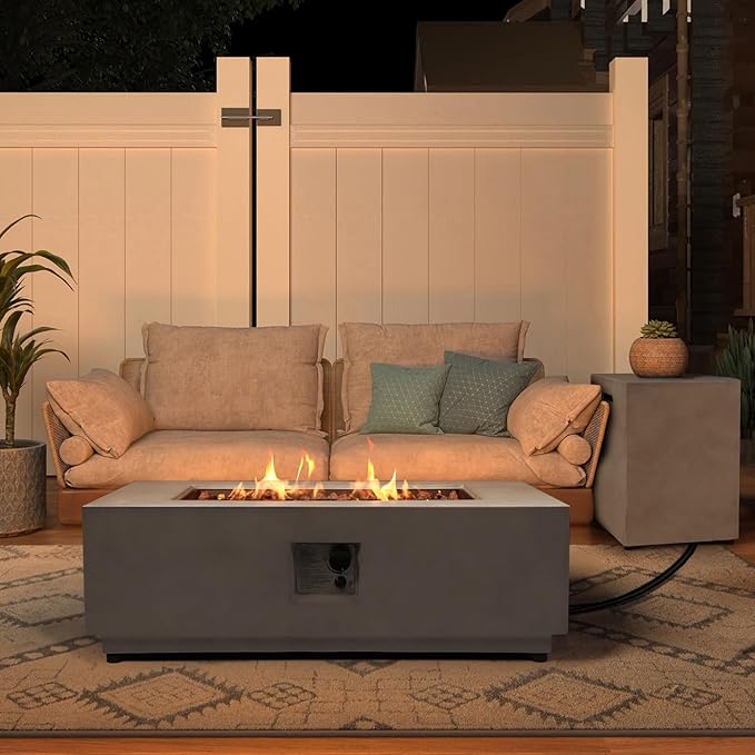 2-Piece Outdoor Propane Fire Pit Table Set w/Tank Cover Table 42inch 50000 BTU Rectangle Concrete Firepit SUS201 Burner with Steel Lid Lava Rocks Rain Cover
