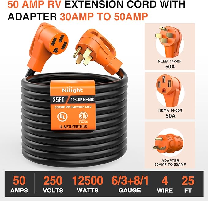 Nilight 25FT 50 Amp RV Extension Cord with Adapter 30Amp to 50Amp 250V Heavy Duty 6/3+8/1 Gauge Pure Copper STW Wire UL ETL Listed 4 Prong 14-50P 14-50R Weatherproof Suit for Generators Camper