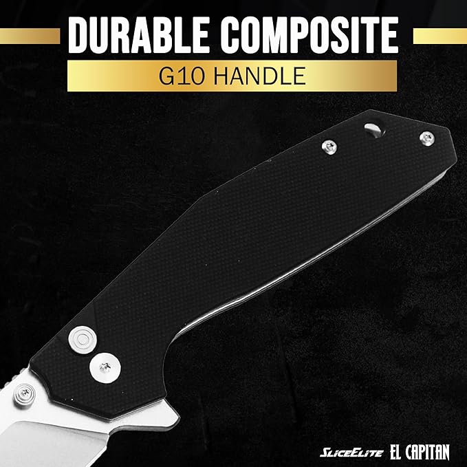 SliceElite El Capitan Folding Knife 3.5 in D2 Steel Clip Drop Blade Black G10 Handle Manual Button Lock Pocket Carry