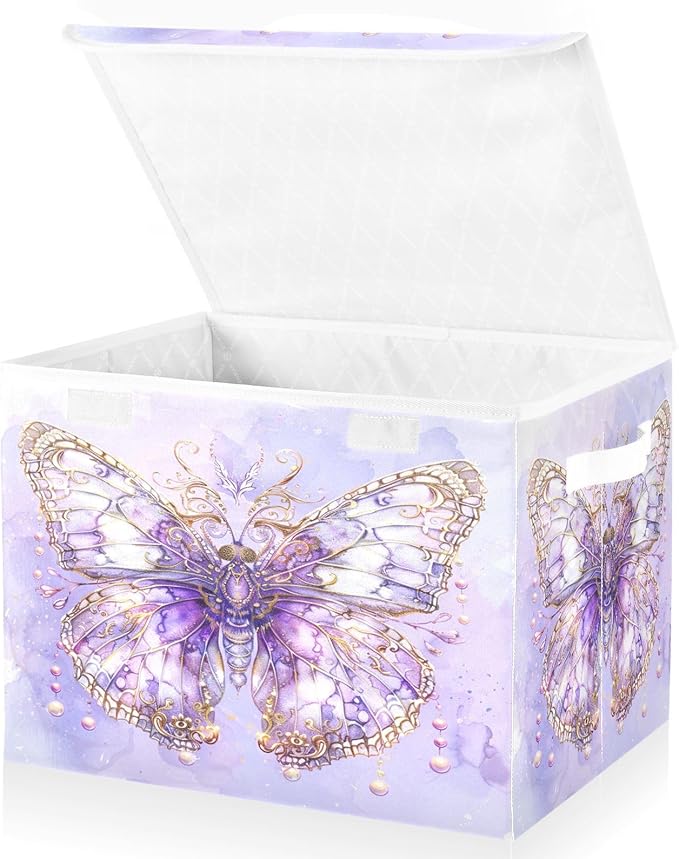 MNSRUU Containers Baskets with Lids Fantasy Purple Butterfly Foldable Storage Bins Organizer with Lid Collapsible Storage Boxes for Home Bedroom Closet Office