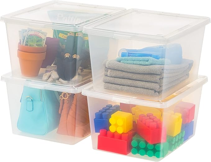 IRIS USA 4-Pack Storage Bins with Lids 25 Quart Clear Stackable Containers Box Organize Shoes Closet Shelves Clothes Blankets Towels - BPA-Free Plastic