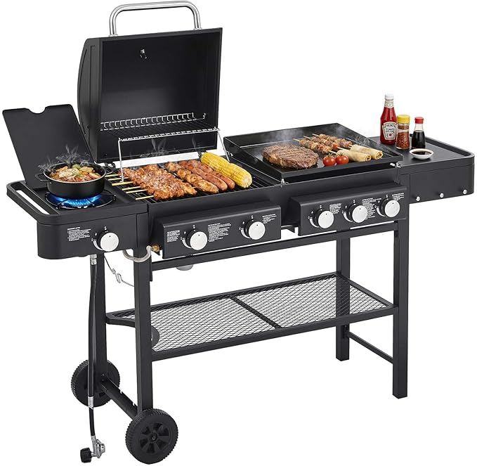 5 Burners Propane Gas Grill and Griddle Combo with Side Burner 3 in 1 Griddle Grill and Porcelain-Enameled Cast Iron Grates 56000 BTU Outdoor Cooking Barbecue Grill Black