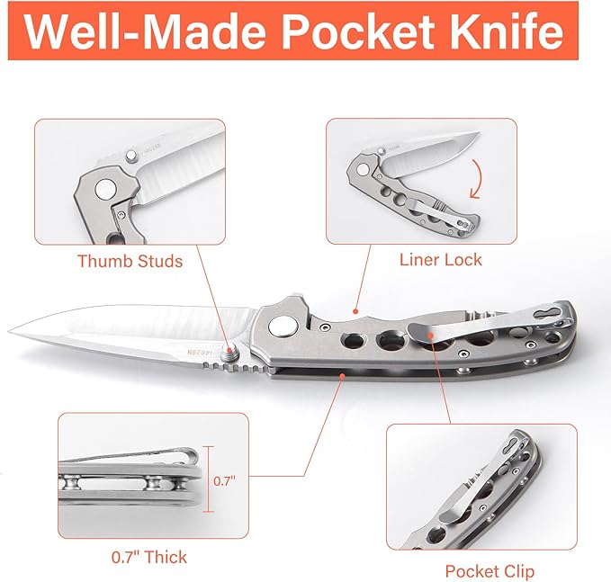 Handy Pocket Knife Folding Knife with 3.4''D2 CNC Titanium Handle Small EDC Knife with Pocket Clip for Men Women Emergency Camping Survival Hiking Knives Silvery