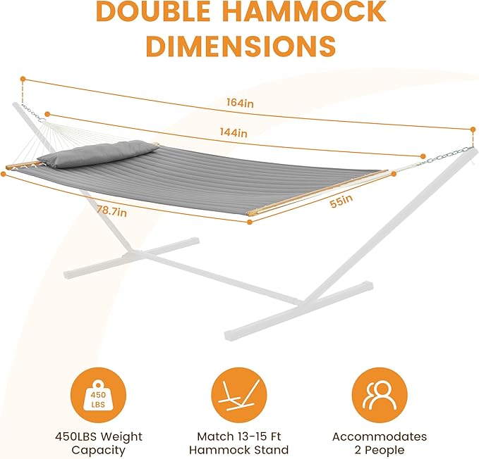 Lazy Daze Hammocks 12 FT Double Quilted Fabric Hammock with Spreader Bar and Detachable Pillow 2 Person Double for Outside Patio Backyard 450lbs Capacity Light Gray