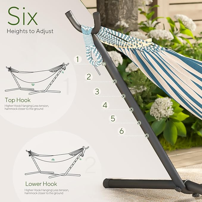 600lbs Hammock with Stand for Outside 2 Person Portable Hammock with Side Storage Carrying Bag Expend Wooden Bar for Outdoor or Indoor (Blue White)