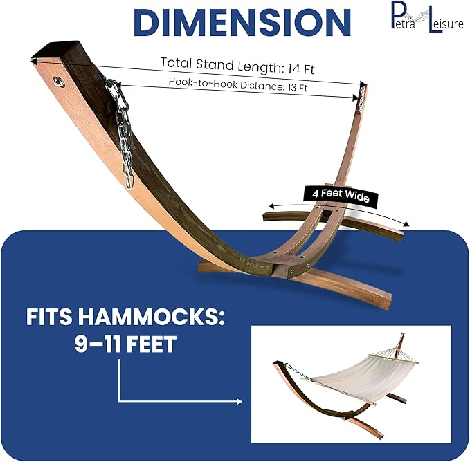 14 Ft. Water Treated Wooden Arc Hammock Stand + Premium Quilted Double Padded Hammock Bed. 2 Person Bed.450 LB Capacity(Teak Stain/Teal &amp Yellow Stripe)
