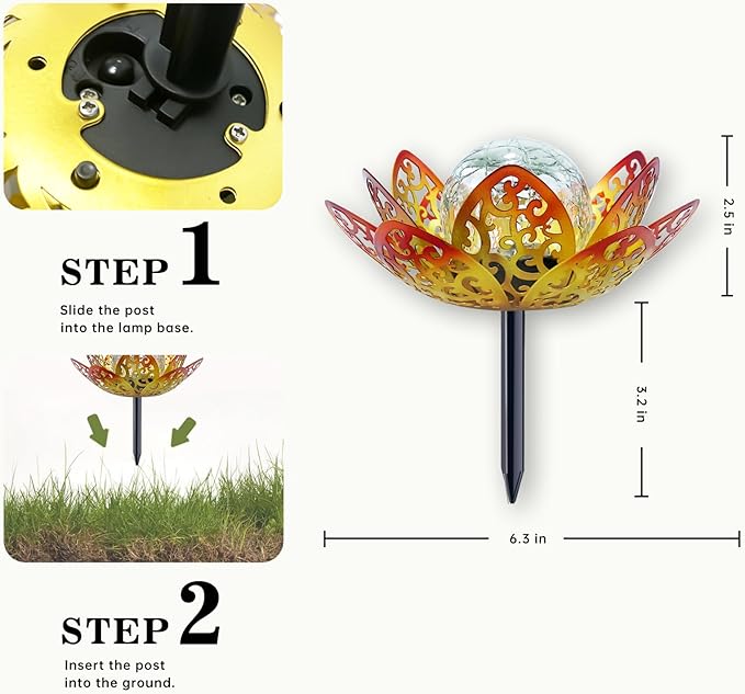 3 Pack Solar Lights Outdoor Garden 6.3  Glass Lotus Lamp Waterproof LED Metal Flower Lights Outdoor Garden Table Decor for Outside Balcony Patio Deck Porch Walkway