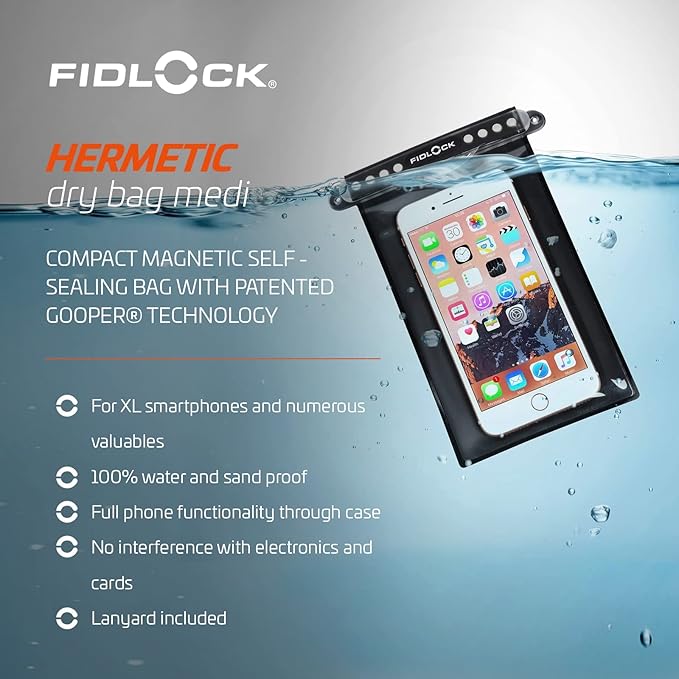 FIDLOCK Hermetic Dry Bag Flexible Magnetic Self-Sealing Bag for Cellphone | 100% Water &amp Sand Proof | Practical Size with a Large Opening | Lanyard Included | Medi | Orange Transparent