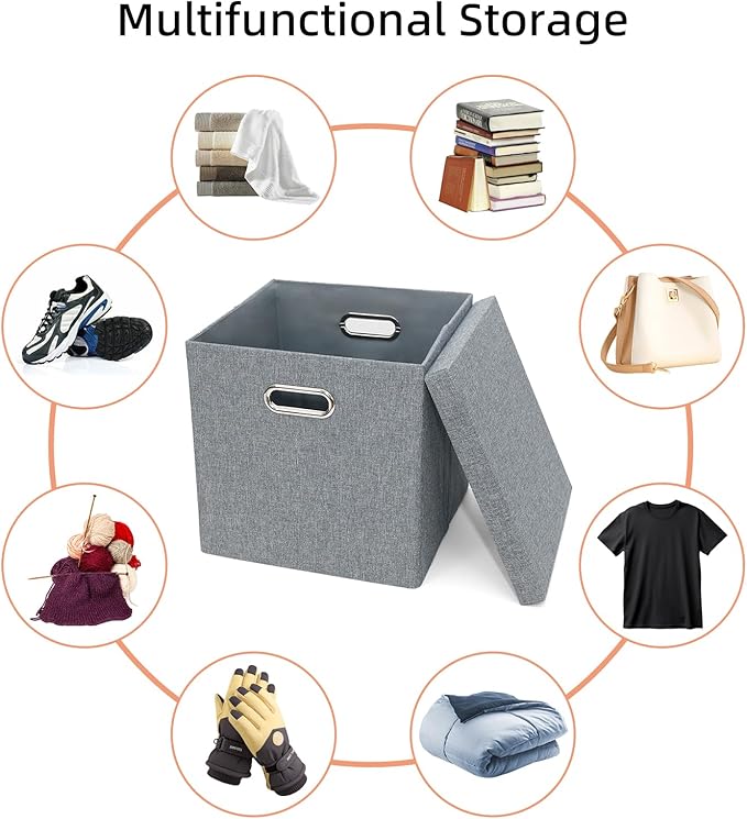 Storage Bins with Lids Collapsible Linen Fabric Boxes Organizer Containers with Lid Foldable Storage Box Basket for Closet Shelves Home Office 12 x 12 x 12.4 Inch 4 Pack Dark Gray