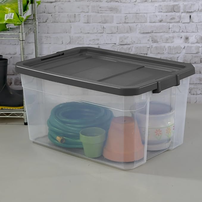 76 Quart Heavy-Duty Stacker Box – Clear Plastic Storage Bin with Secure Latch Lid Ideal for Home Garage Closet &amp Basement Organization Dark Gray (1)